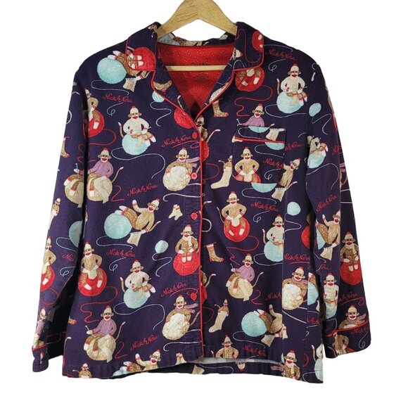 Nick & Nora Sock Monkey Flannel Pajama Set Blue Large Long Sleeve Pants Pull On - Picture 2 of 13